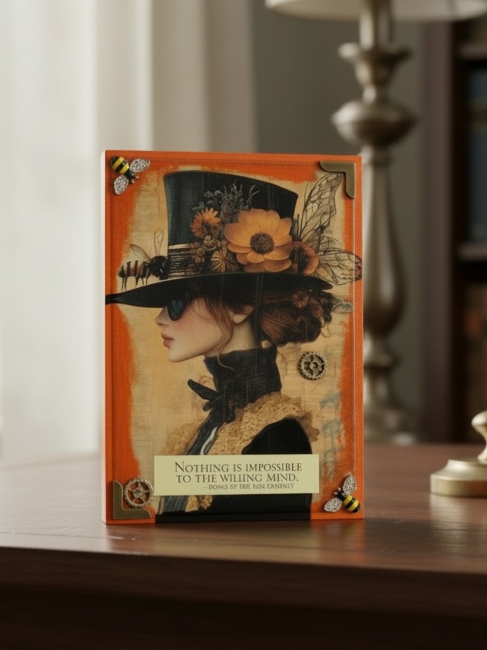 Hand Crafted Orange Black Vintage Lady Mixed Media Art Wood Desk Sitter